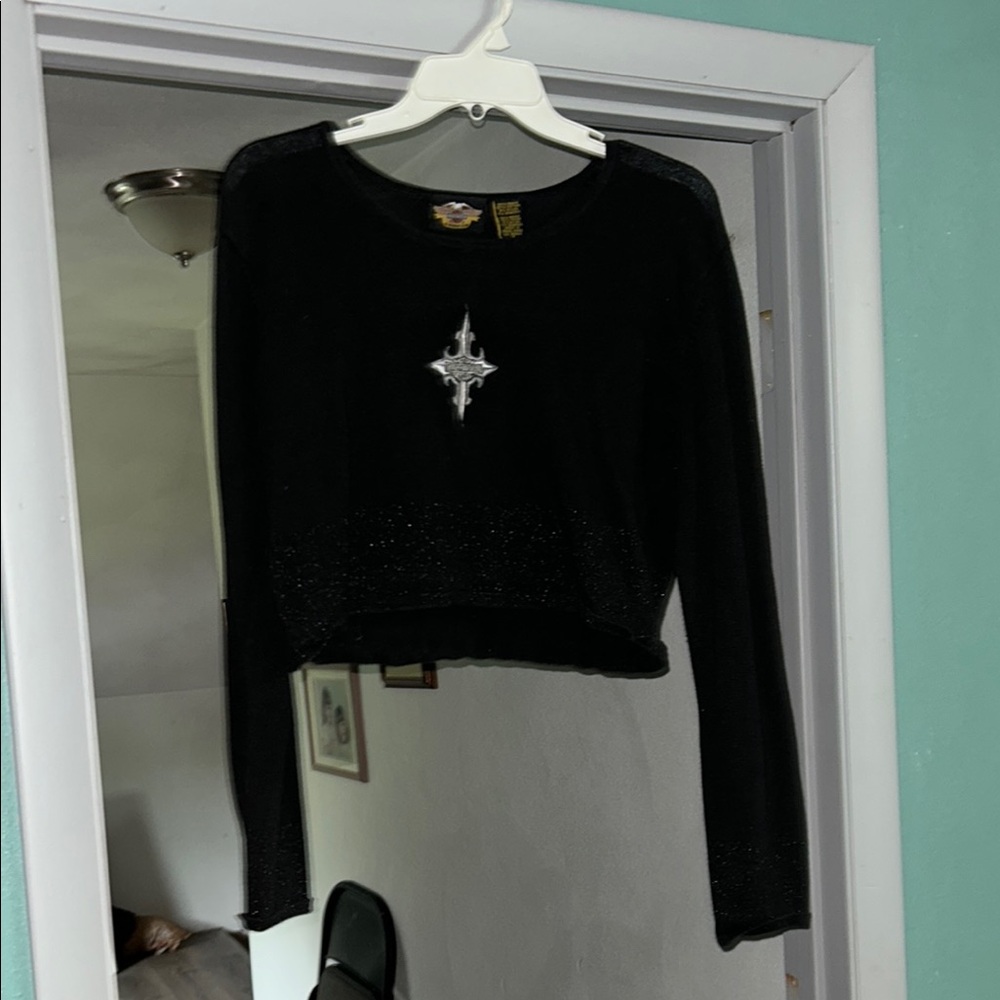 Black Long Sleeve Crop Top with Silver Star Design